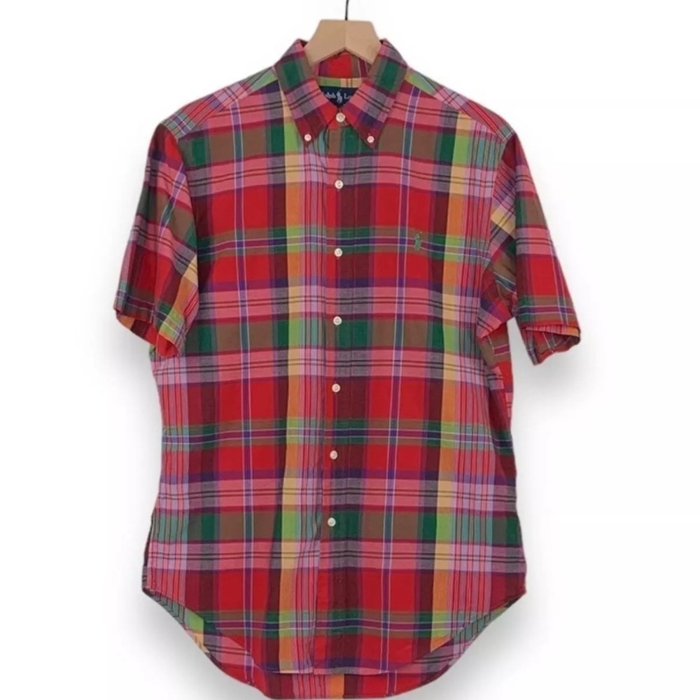 Polo by Ralph Lauren Red Green Orange Madras Plaid Short Sleeve Button Down L